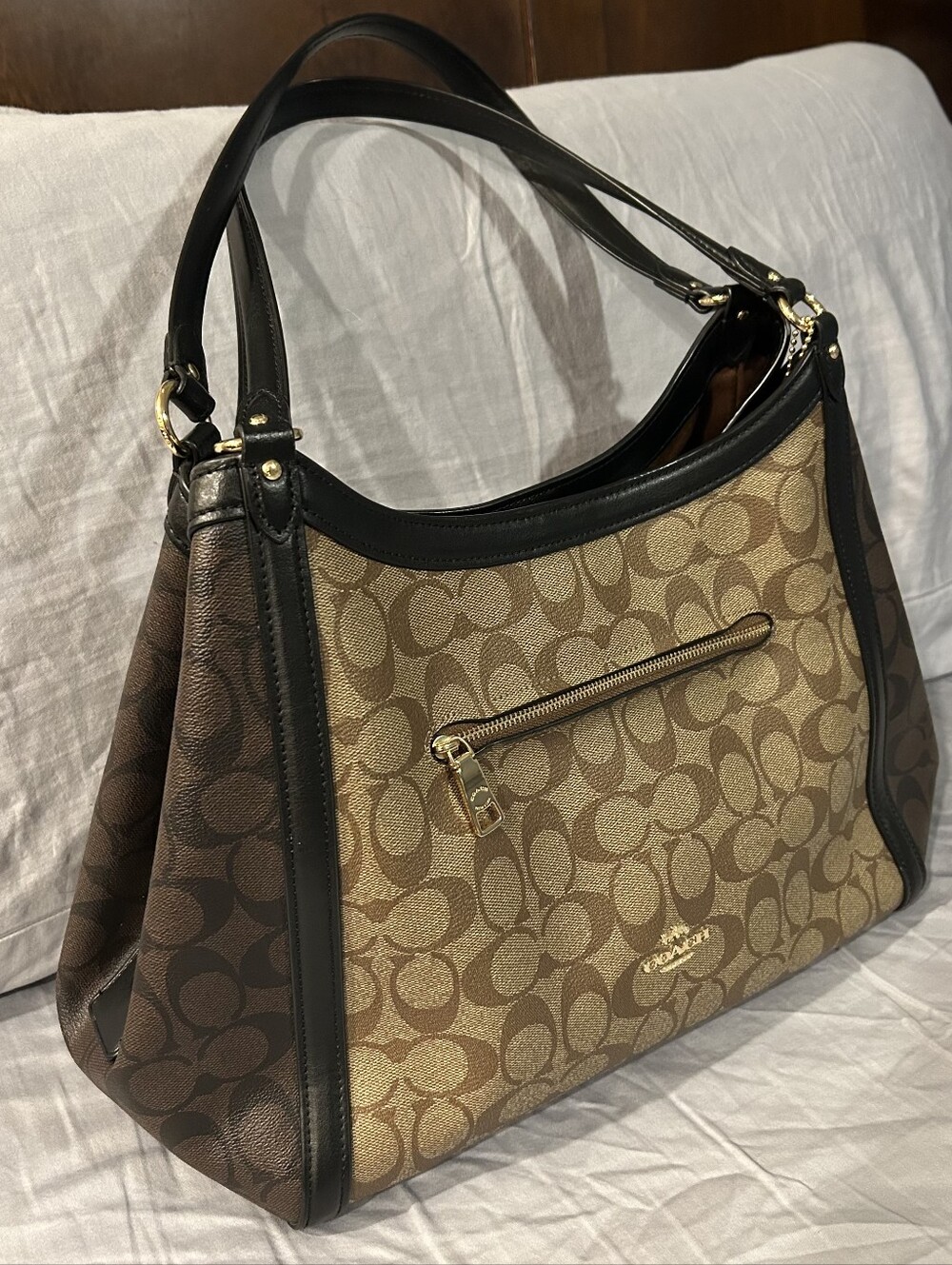 Coach Brown Signature Canvas Shoulder Bag with Black Trim - Picture 7 of 7